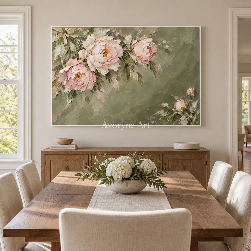 Peony Reverie: Green Pink Floral Landscape Wall Art — dining white