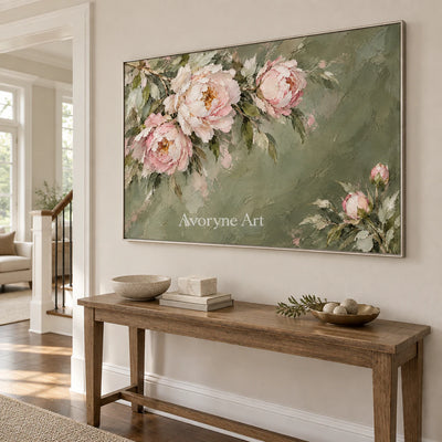 Peony Reverie: Green Pink Floral Landscape Wall Art — entry silver