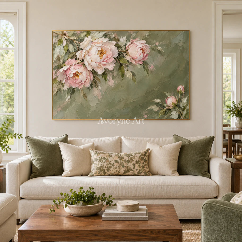 Peony Reverie: Green Pink Floral Landscape Wall Art — living gold