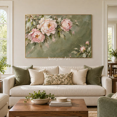 Peony Reverie: Green Pink Floral Landscape Wall Art — living gold