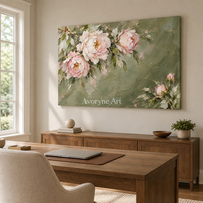 Peony Reverie: Green Pink Floral Landscape Wall Art — office frameless
