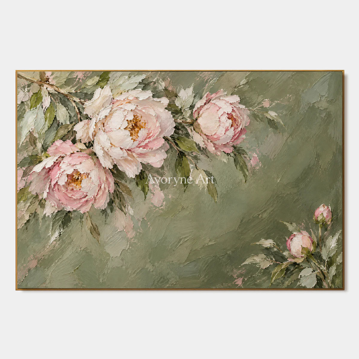 Peony Reverie: Green Pink Floral Landscape Wall Art — primary