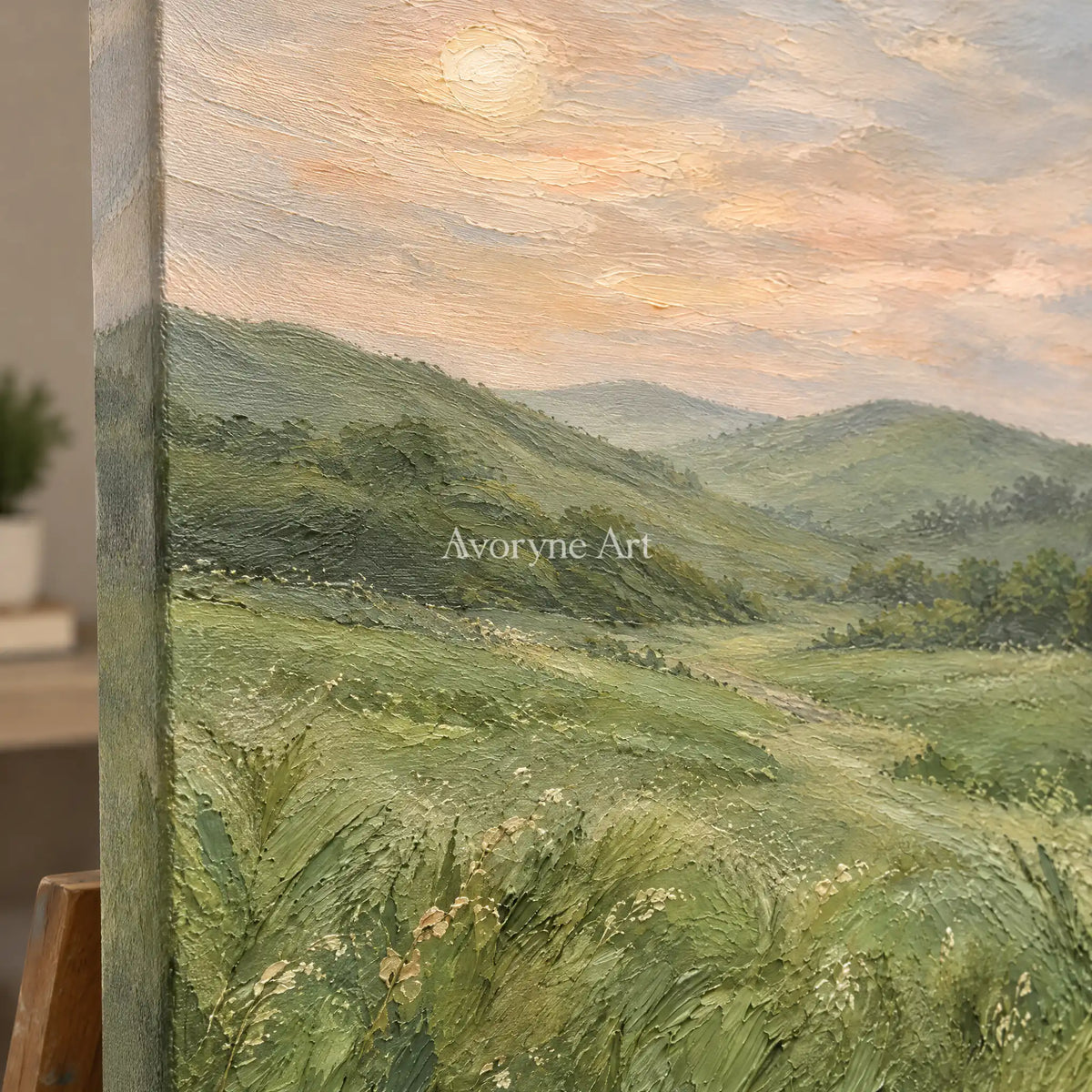 Meadow Expanse: Green Rolling Landscape Wall Art — detail easel