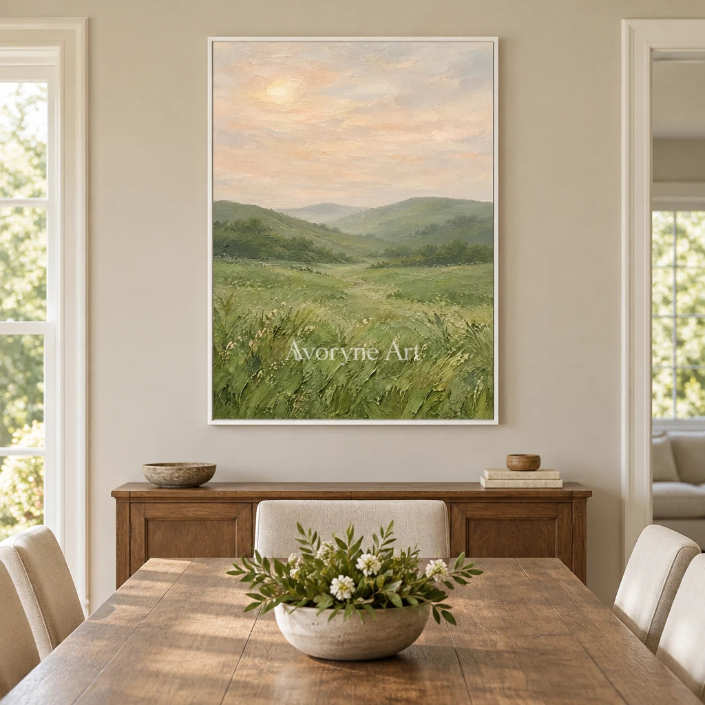 Meadow Expanse: Green Rolling Landscape Wall Art — dining white