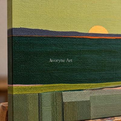 Ivory Quiet Trace: Green Sunset Landscape — detail easel