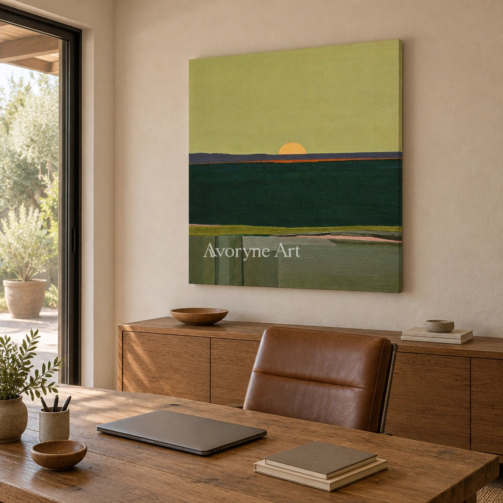 Ivory Quiet Trace: Green Sunset Landscape — office frameless