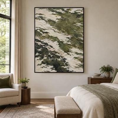 Olive Drift: Green Textured Abstract Wall Art — bedroom black