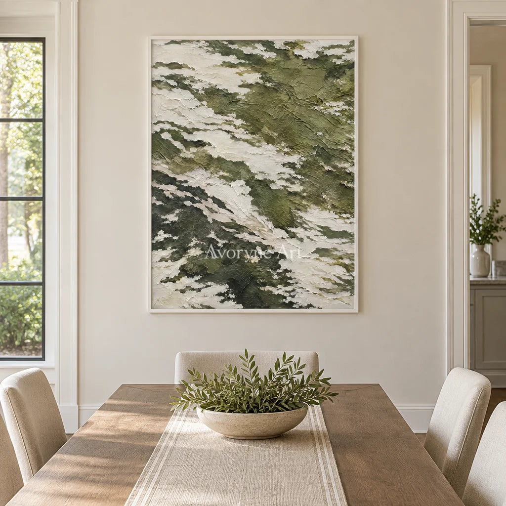 Olive Drift: Green Textured Abstract Wall Art — dining white
