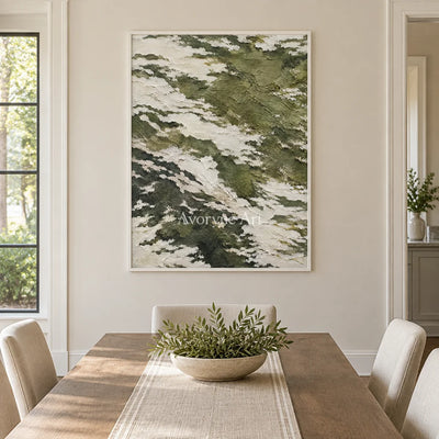 Olive Drift: Green Textured Abstract Wall Art — dining white