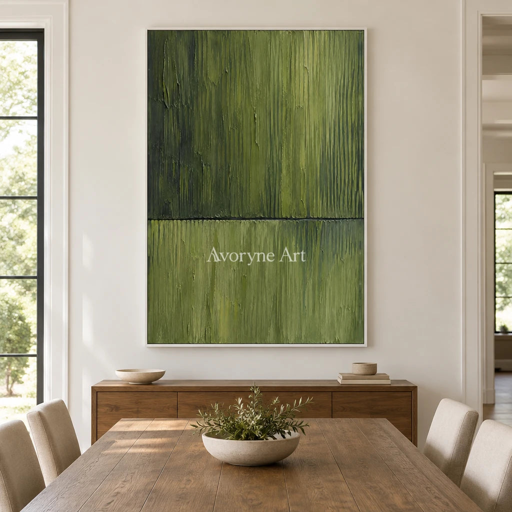 Verdant Divide: Green Textured Abstract Wall Art — dining white