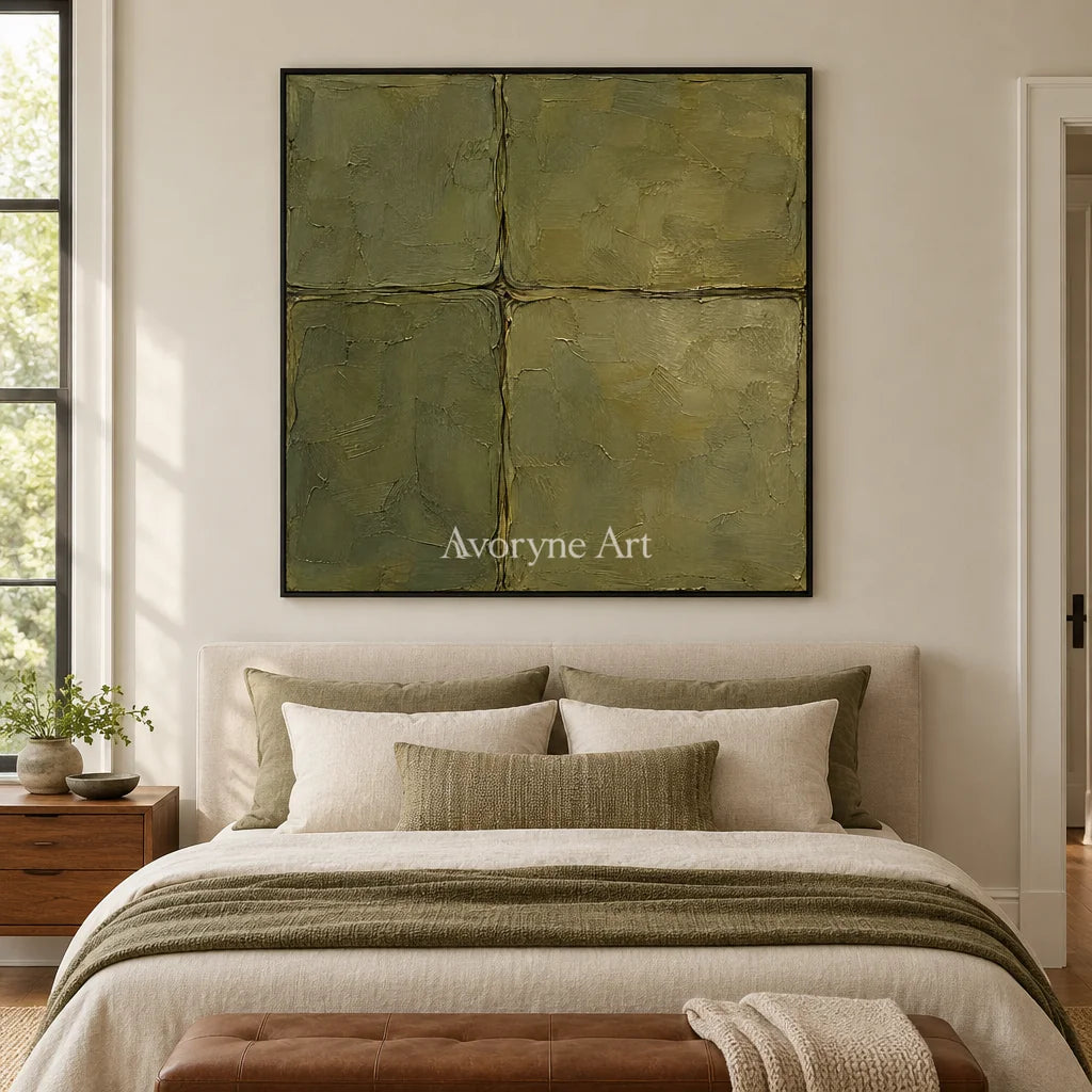 Olive Faultlines: Green Textured Abstract Wall Art — bedroom black