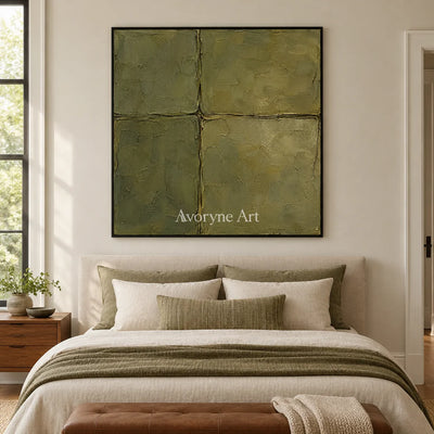 Olive Faultlines: Green Textured Abstract Wall Art — bedroom black