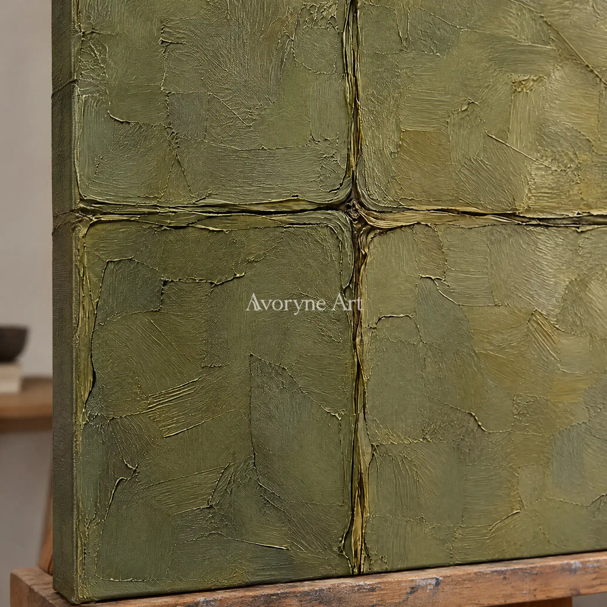 Olive Faultlines: Green Textured Abstract Wall Art — detail easel