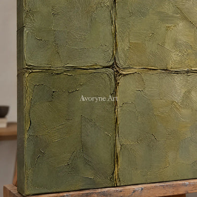 Olive Faultlines: Green Textured Abstract Wall Art — detail easel