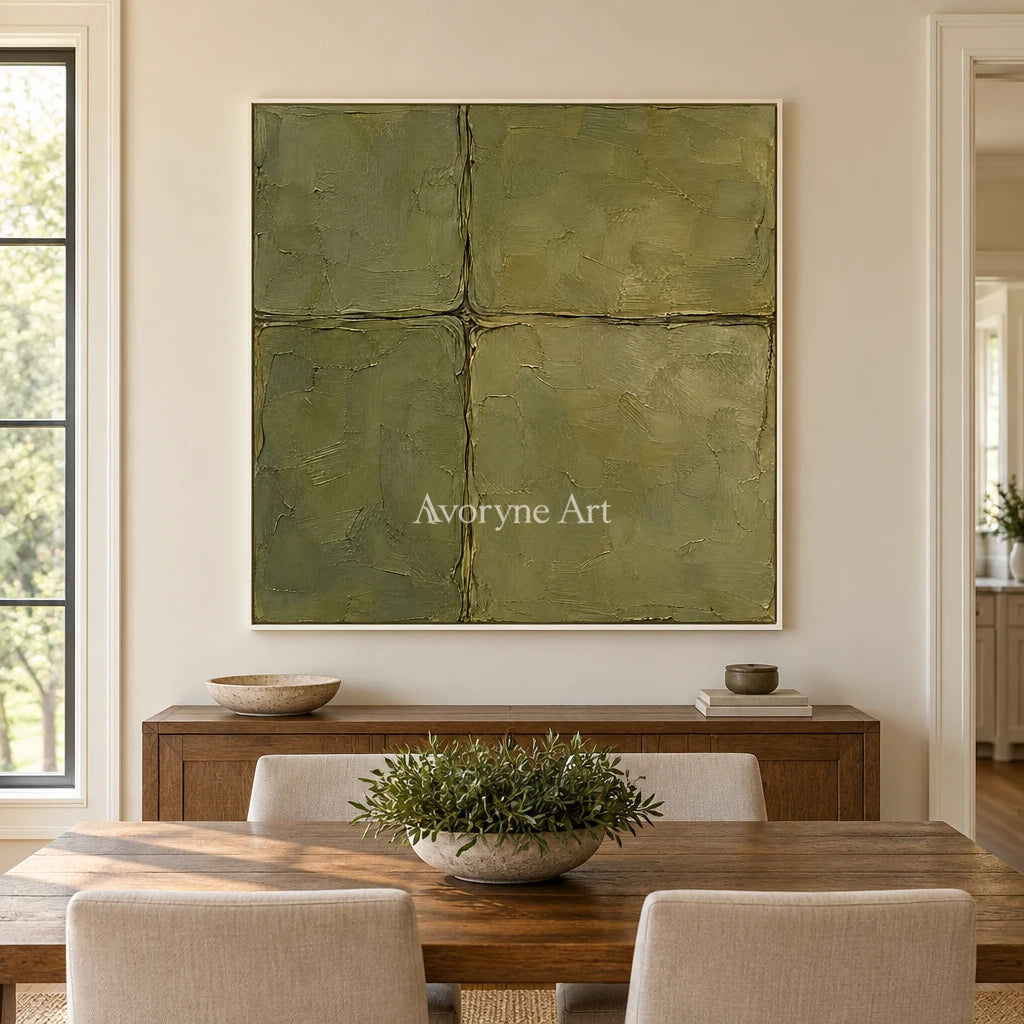 Olive Faultlines: Green Textured Abstract Wall Art — dining white