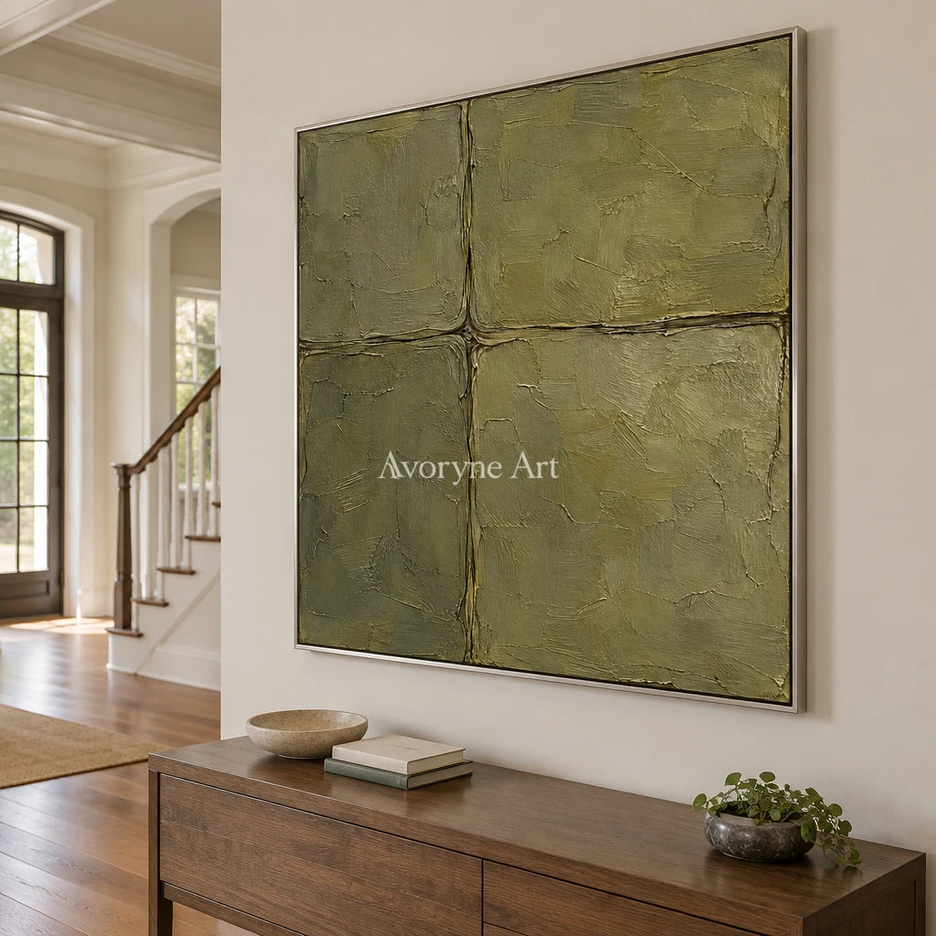 Olive Faultlines: Green Textured Abstract Wall Art — entry silver