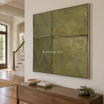 Olive Faultlines: Green Textured Abstract Wall Art — entry silver