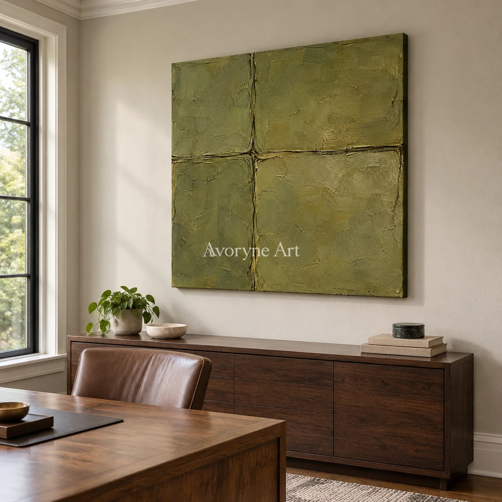 Olive Faultlines: Green Textured Abstract Wall Art — office frameless