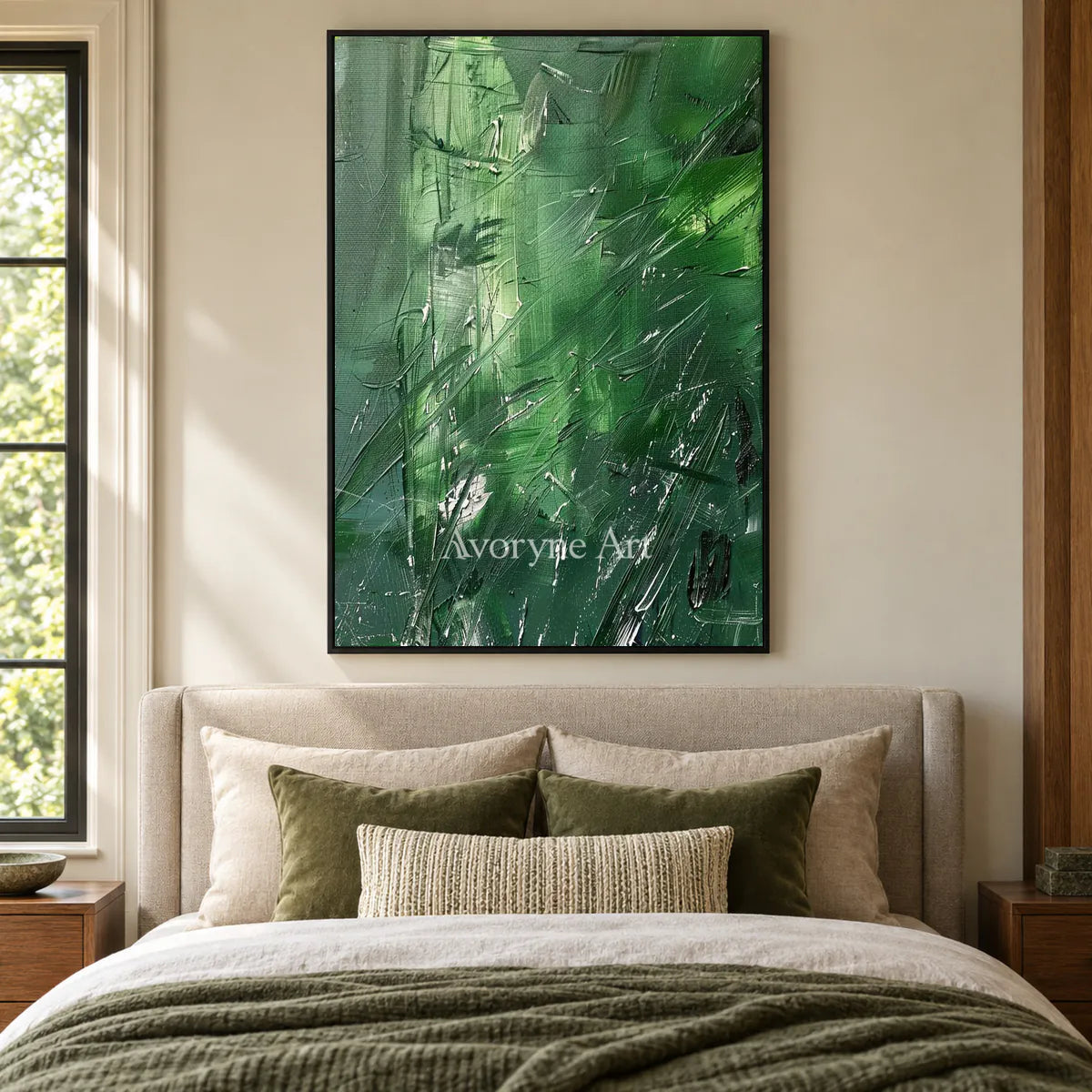 Green Inclination: Green Textured Gestural Abstract Wall Art — bedroom black