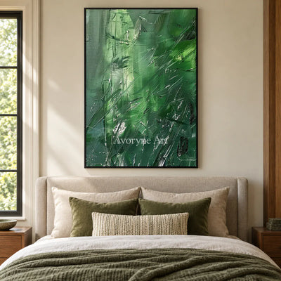 Green Inclination: Green Textured Gestural Abstract Wall Art — bedroom black