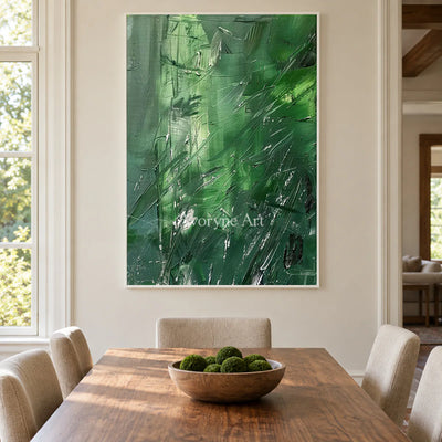 Green Inclination: Green Textured Gestural Abstract Wall Art — dining white