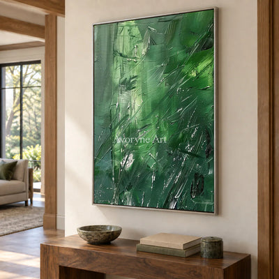 Green Inclination: Green Textured Gestural Abstract Wall Art — entry silver