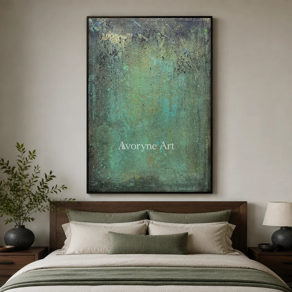 Verdigris Field: Green Weathered Textured Abstract Wall Art — bedroom black