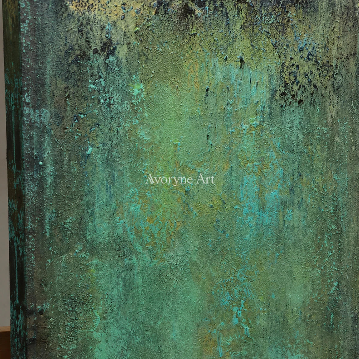Verdigris Field: Green Weathered Textured Abstract Wall Art — detail easel
