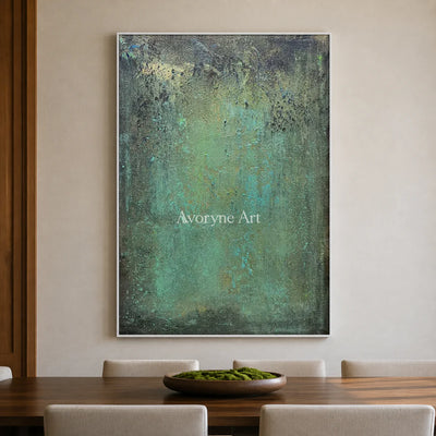 Verdigris Field: Green Weathered Textured Abstract Wall Art — dining white