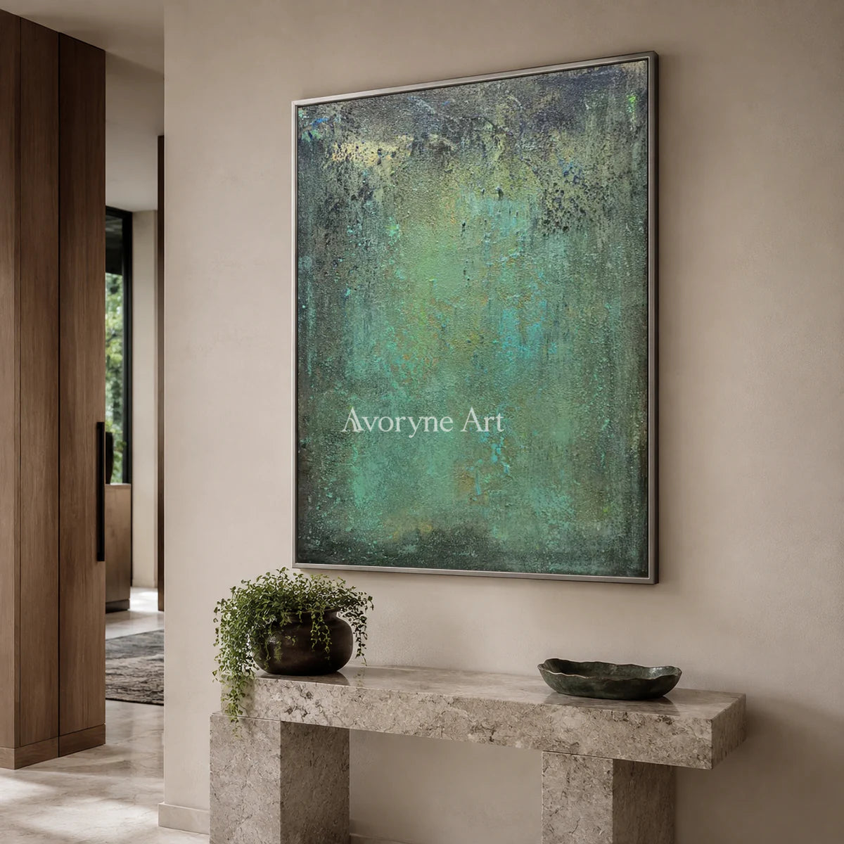 Verdigris Field: Green Weathered Textured Abstract Wall Art — entry silver