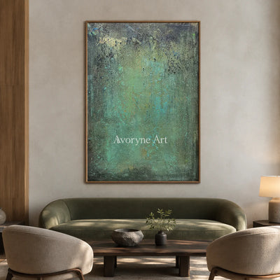 Verdigris Field: Green Weathered Textured Abstract Wall Art — hotel wood
