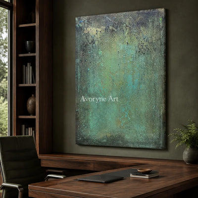 Verdigris Field: Green Weathered Textured Abstract Wall Art — office frameless