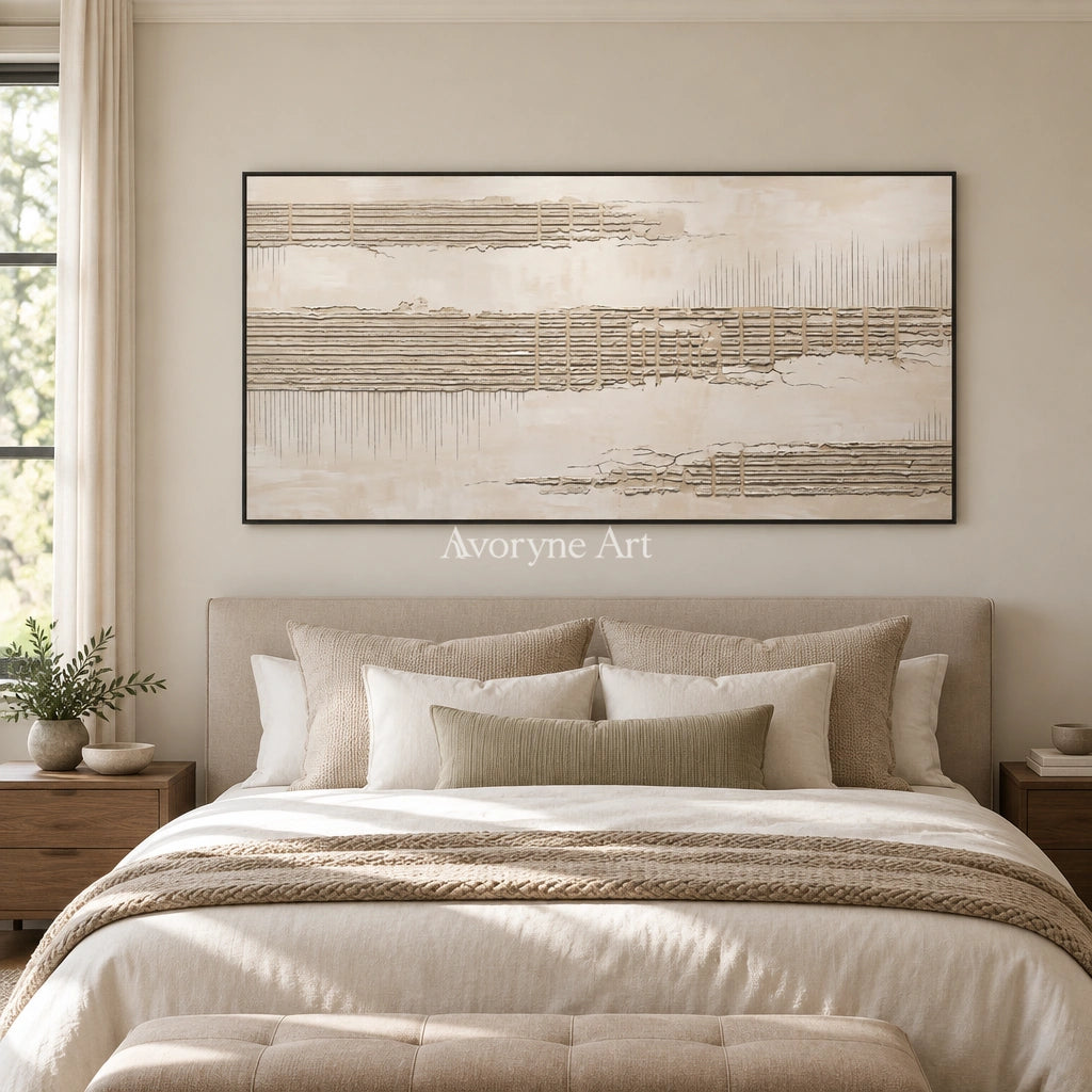 Amber Reverie grooved texture wall art with a black frame above a bed in a bedroom