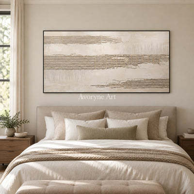 Amber Reverie grooved texture wall art with a black frame above a bed in a bedroom