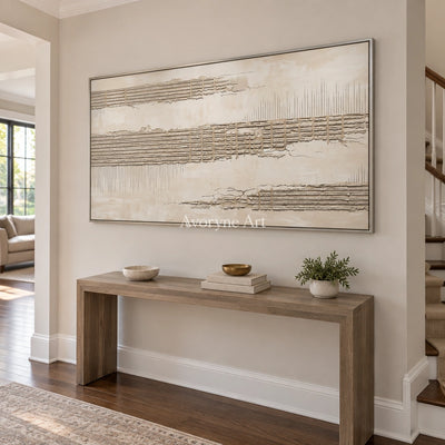Amber Reverie grooved texture wall art with a silver frame in an entryway
