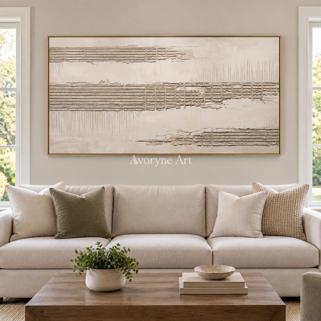 Amber Reverie grooved texture wall art with a gold frame hanging in a living room