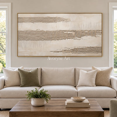 Amber Reverie grooved texture wall art with a gold frame hanging in a living room