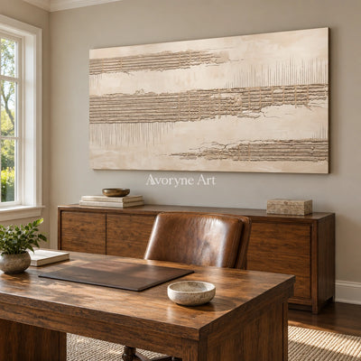 Amber Reverie grooved texture wall art as a frameless stretched canvas in a home office