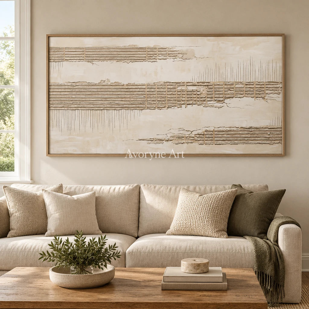 Amber Reverie grooved texture wall art with a wood frame in a villa living space