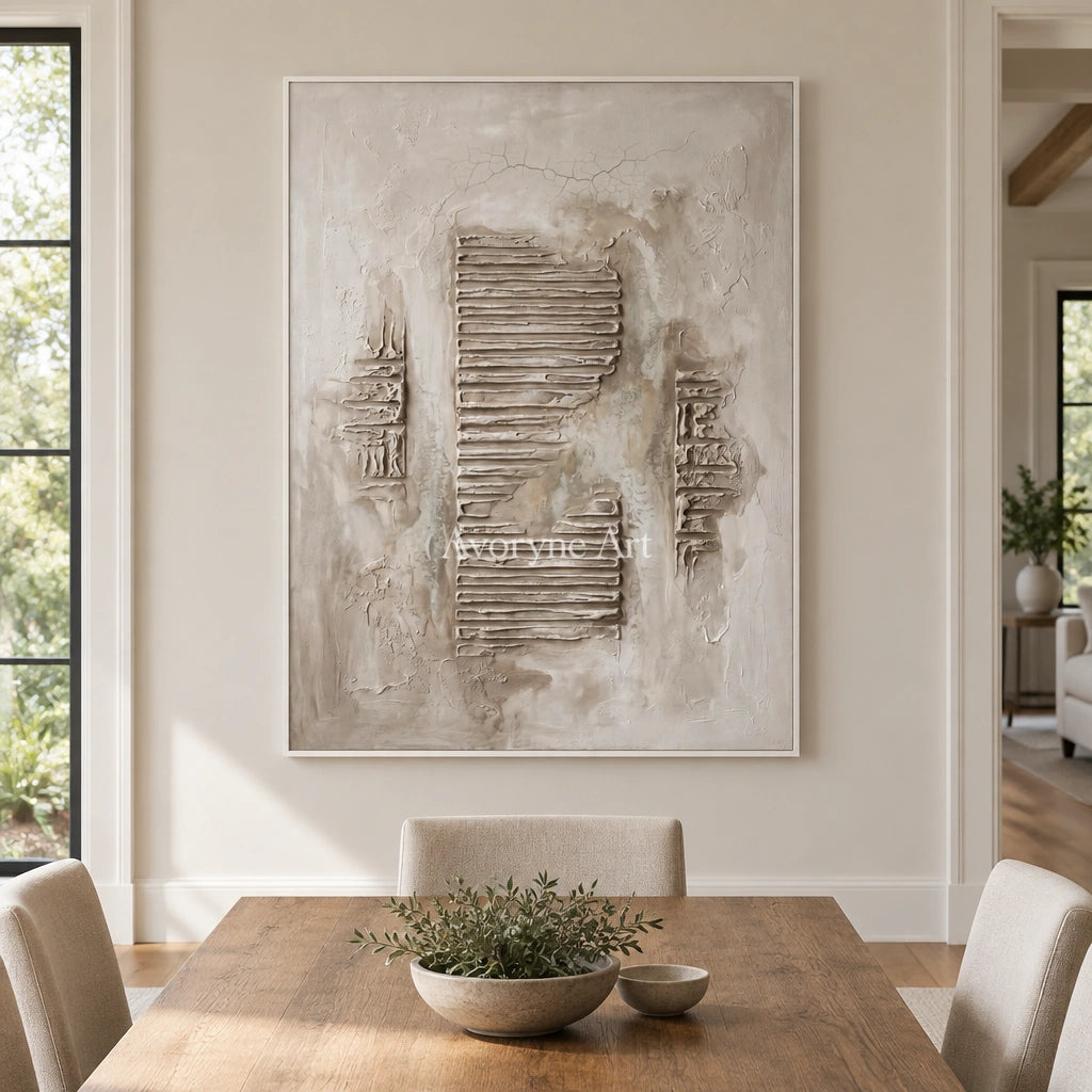 Amber Gesture grooved texture wall art with a white frame in a dining room