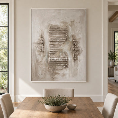 Amber Gesture grooved texture wall art with a white frame in a dining room