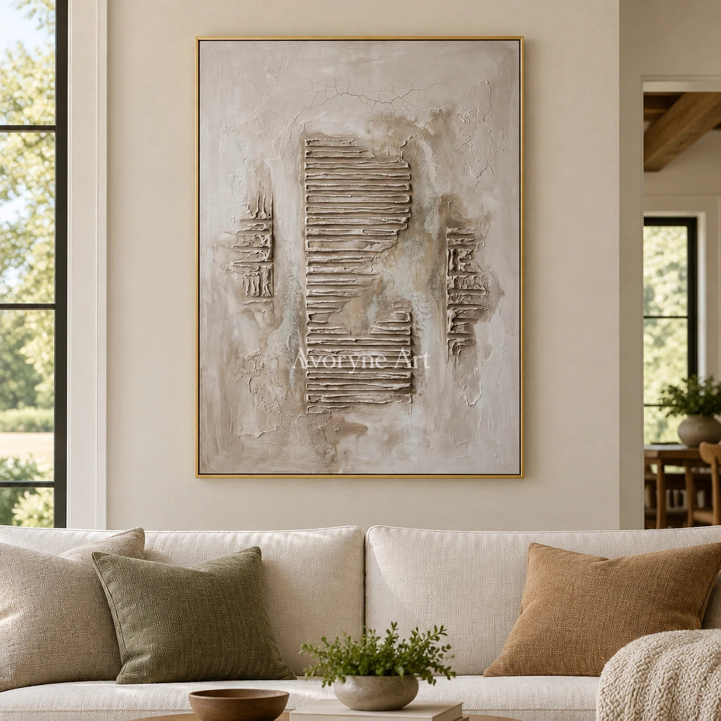 Amber Gesture grooved texture wall art with a gold frame hanging in a living room