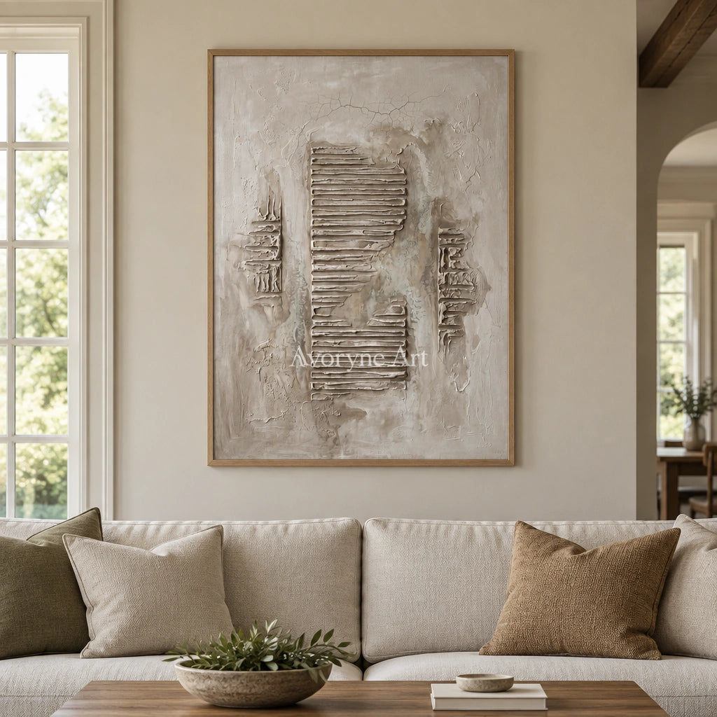 Amber Gesture grooved texture wall art with a wood frame in a villa living space