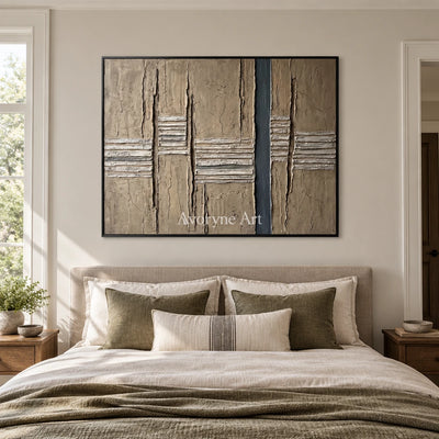 Amber Mosaic grooved texture wall art with a black frame above a bed in a bedroom