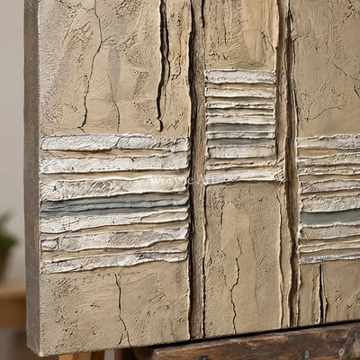 Close-up of the hand-painted texture of Amber Mosaic grooved texture wall art on an easel