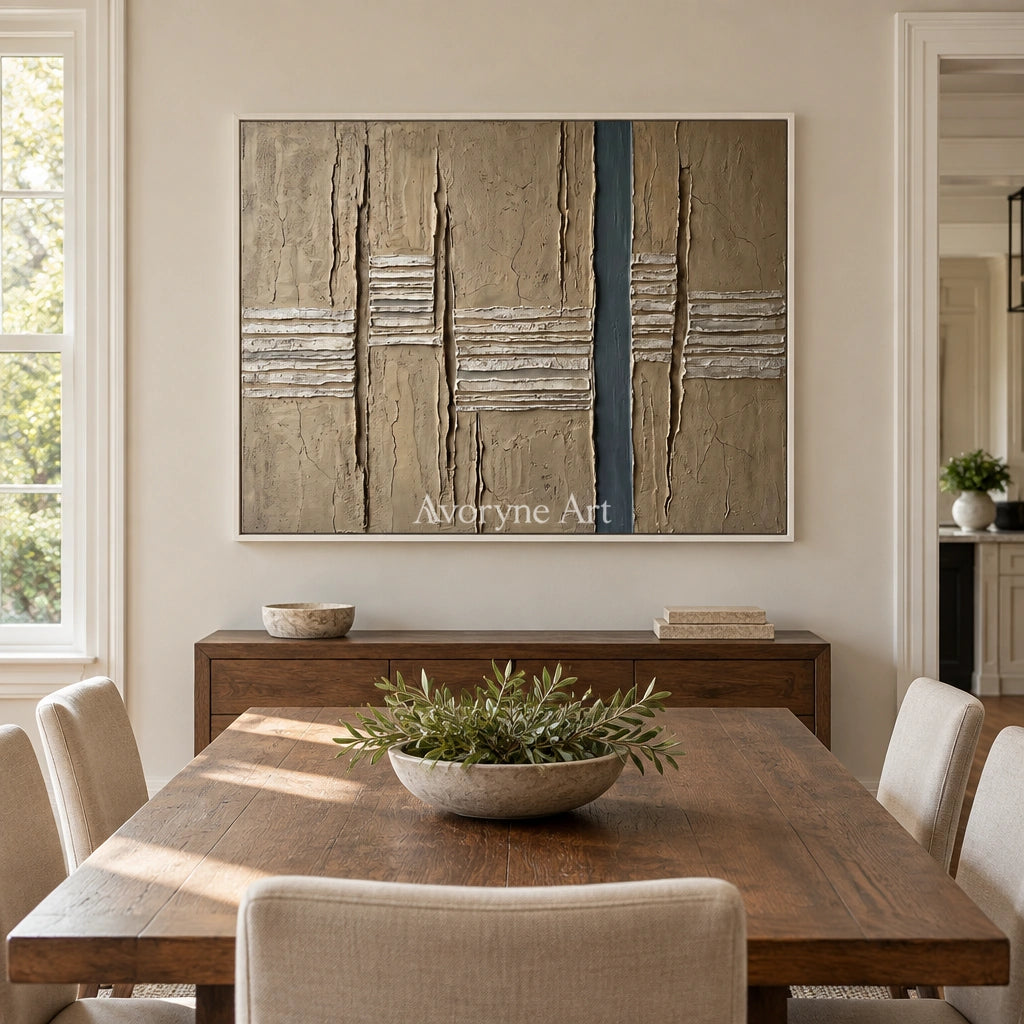 Amber Mosaic grooved texture wall art with a white frame in a dining room