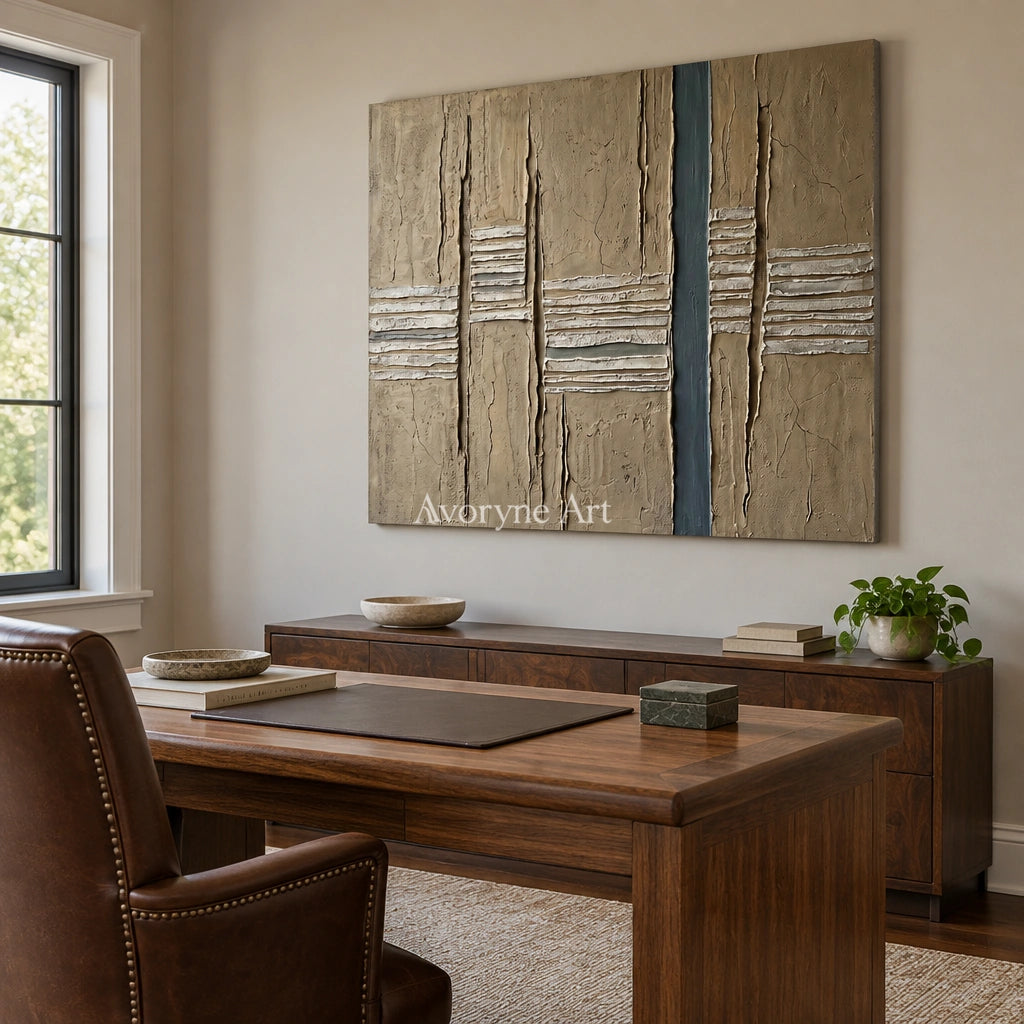 Amber Mosaic grooved texture wall art as a frameless stretched canvas in a home office