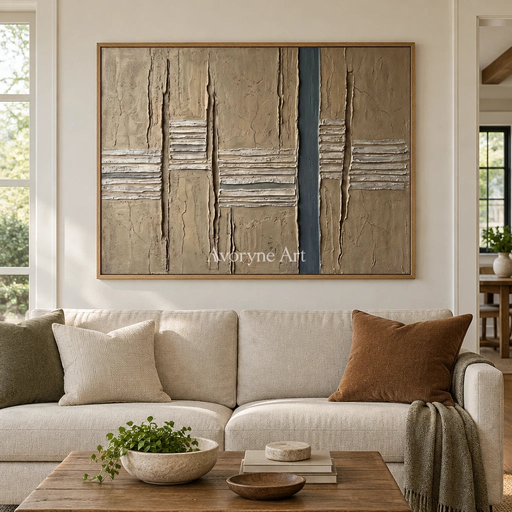 Amber Mosaic grooved texture wall art with a wood frame in a villa living space