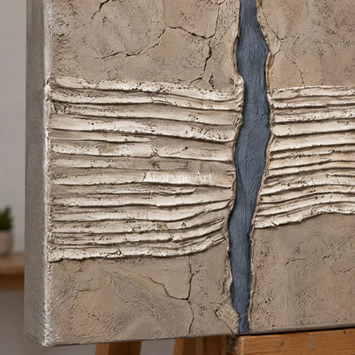 Close-up of the hand-painted texture of Amber Memory grooved texture wall art on an easel