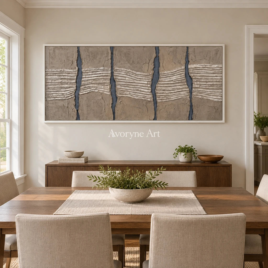 Amber Memory grooved texture wall art with a white frame in a dining room